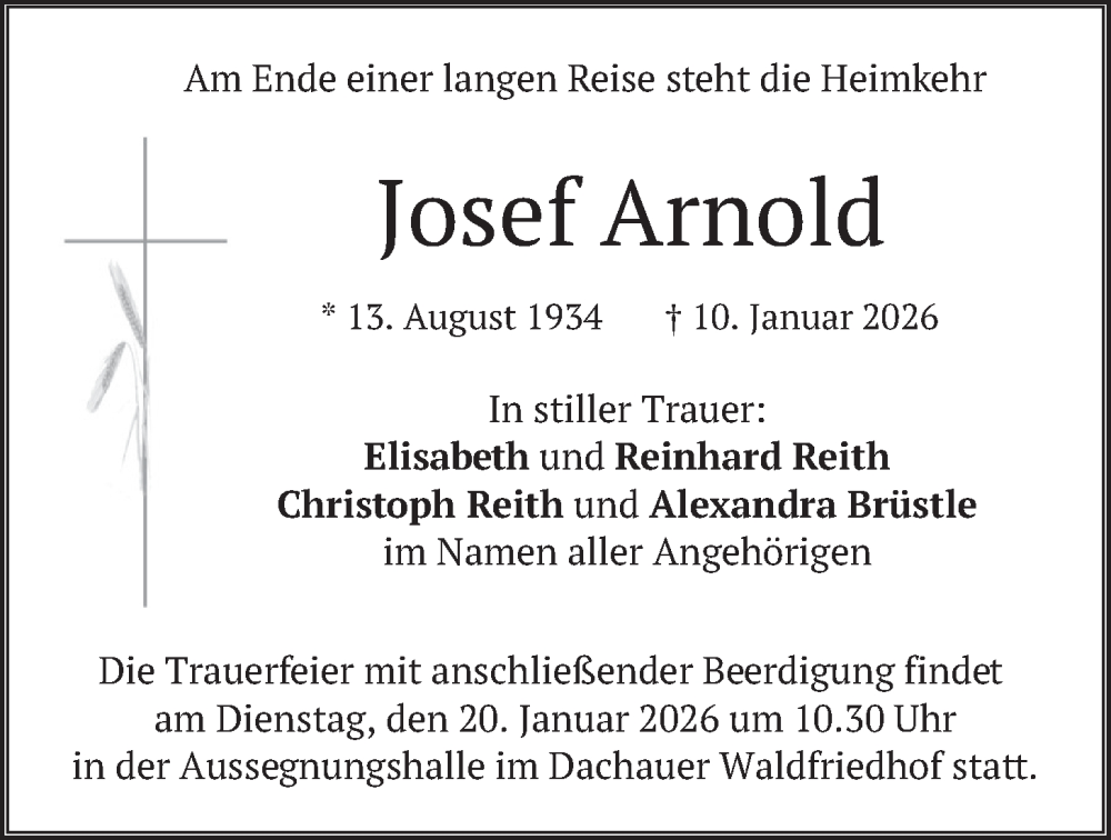  Traueranzeige für Josef Arnold vom 17.01.2026 aus merkurtz