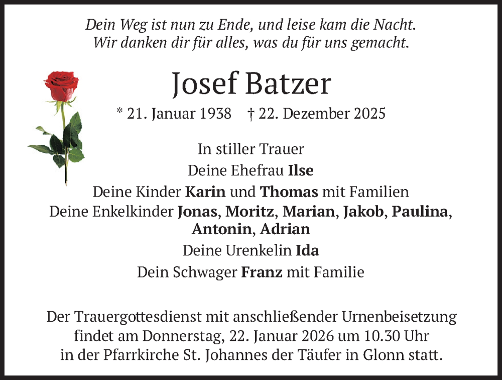  Traueranzeige für Josef Batzer vom 17.01.2026 aus merkurtz