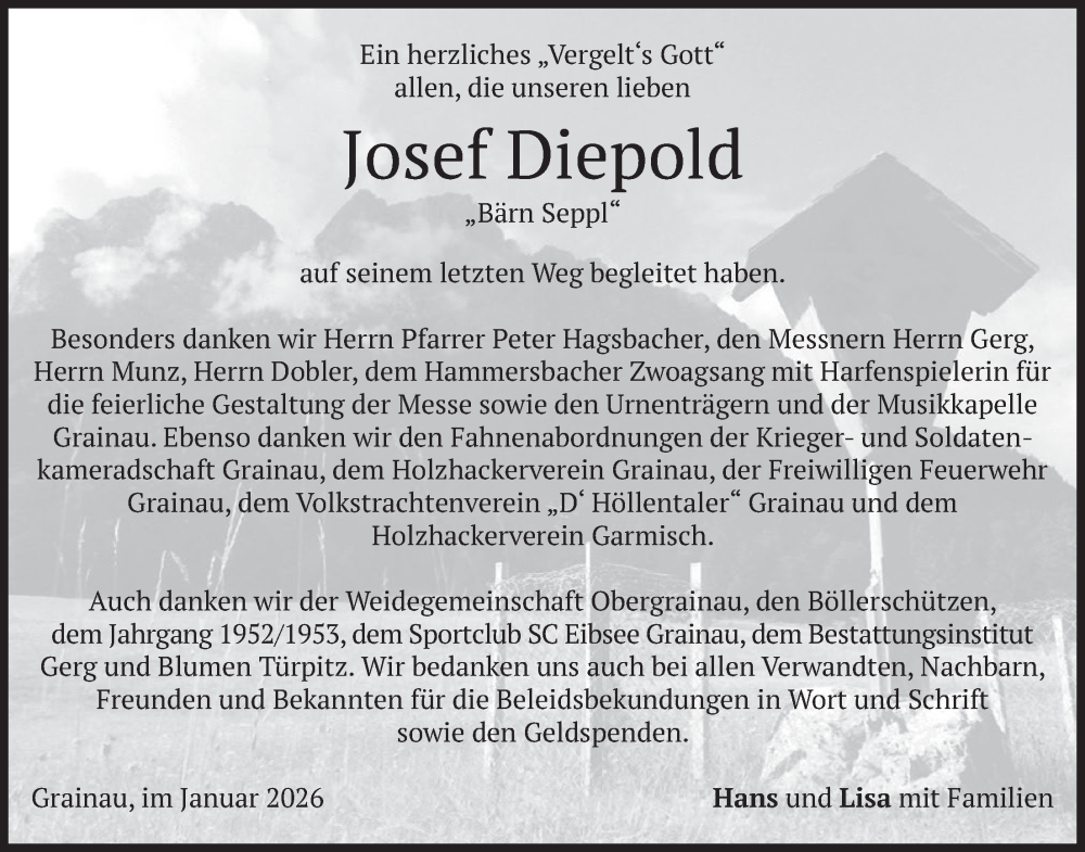  Traueranzeige für Josef Diepold vom 31.01.2026 aus merkurtz