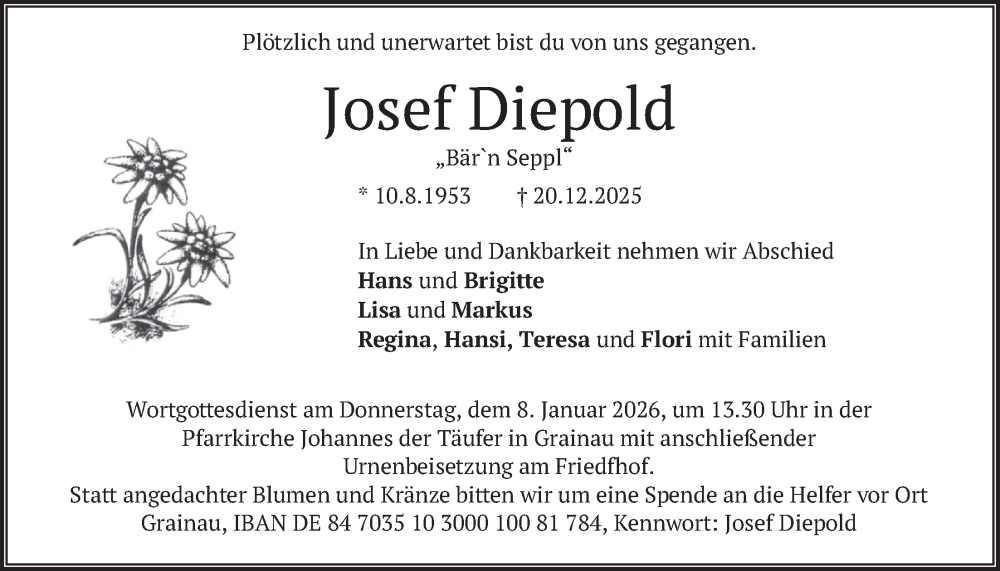  Traueranzeige für Josef Diepold vom 03.01.2026 aus merkurtz