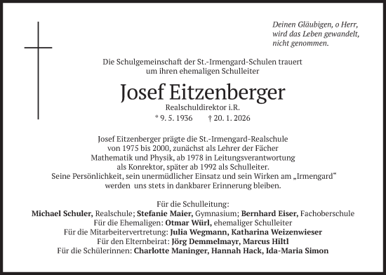 Traueranzeige von Josef Eitzenberger von merkurtz