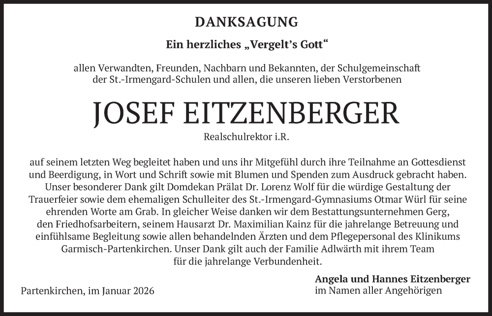  Traueranzeige für Josef Eitzenberger vom 31.01.2026 aus merkurtz