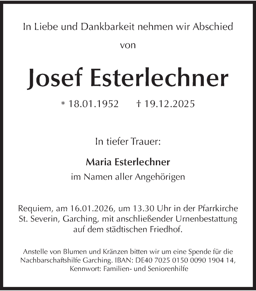  Traueranzeige für Josef Esterlechner vom 10.01.2026 aus merkurtz