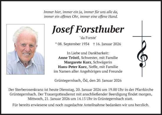 Traueranzeige von Josef Forsthuber von merkurtz