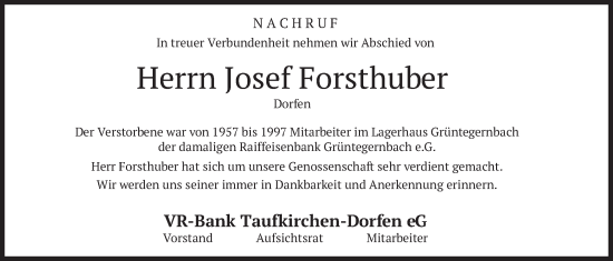 Traueranzeige von Josef Forsthuber von merkurtz