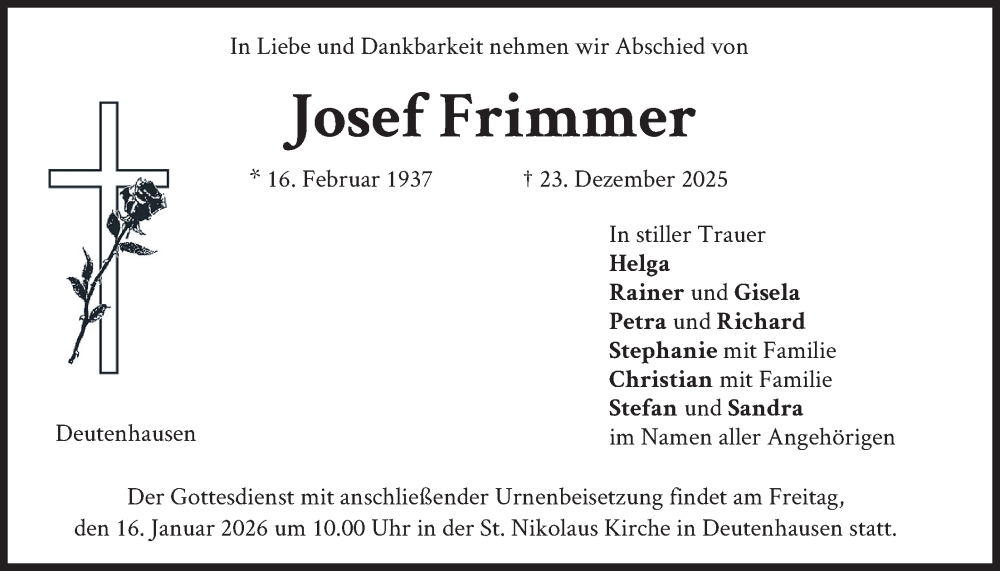  Traueranzeige für Josef Frimmer vom 10.01.2026 aus merkurtz