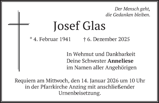 Traueranzeige von Josef Glas von merkurtz
