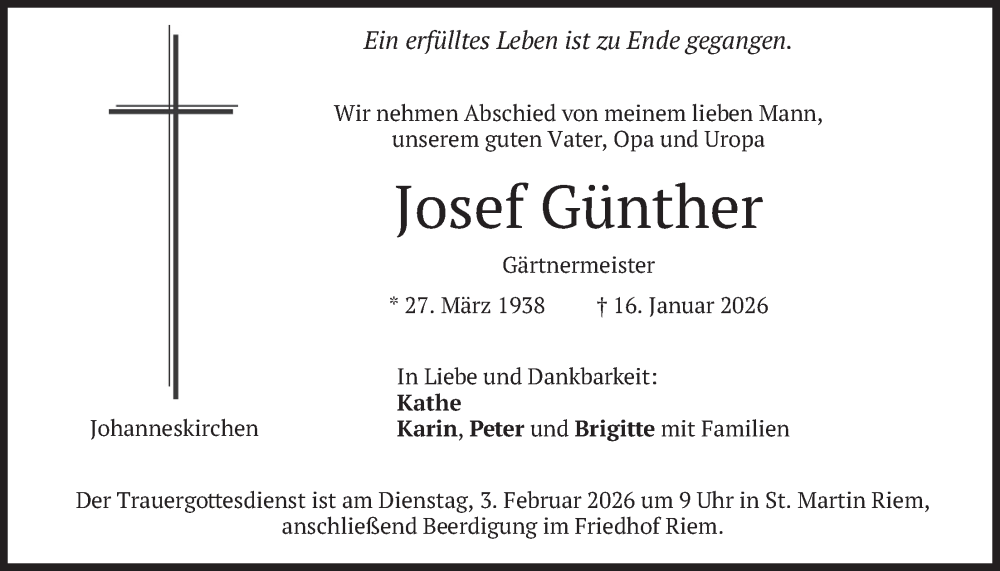  Traueranzeige für Josef Günther vom 24.01.2026 aus merkurtz