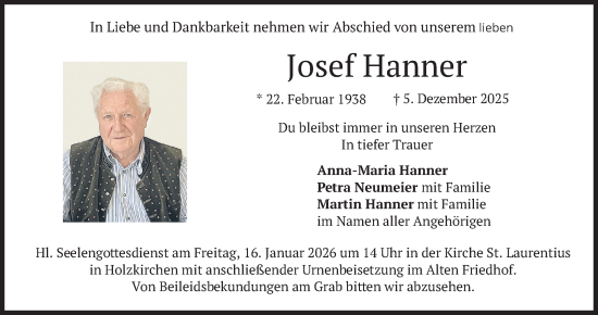 Traueranzeige von Josef Hanner von merkurtz