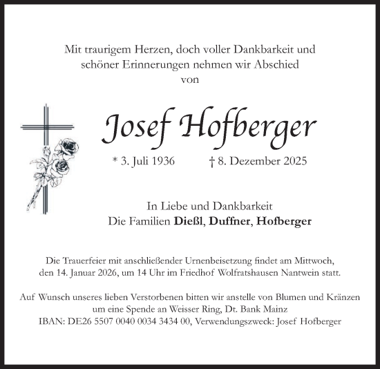 Traueranzeige von Josef Hofberger von merkurtz
