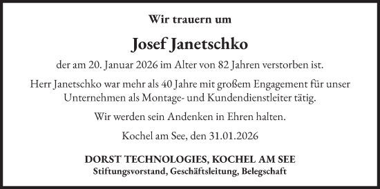 Traueranzeige von Josef Janetschko von merkurtz