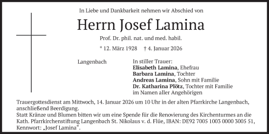 Traueranzeige von Josef Lamina von merkurtz