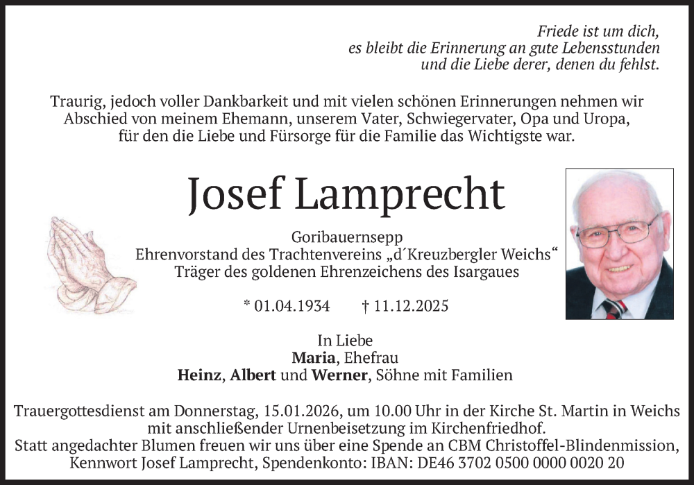  Traueranzeige für Josef Lamprecht vom 10.01.2026 aus merkurtz