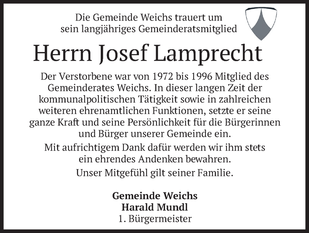  Traueranzeige für Josef Lamprecht vom 15.01.2026 aus merkurtz