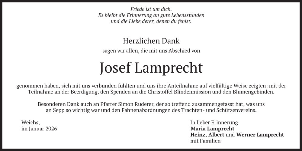  Traueranzeige für Josef Lamprecht vom 31.01.2026 aus merkurtz