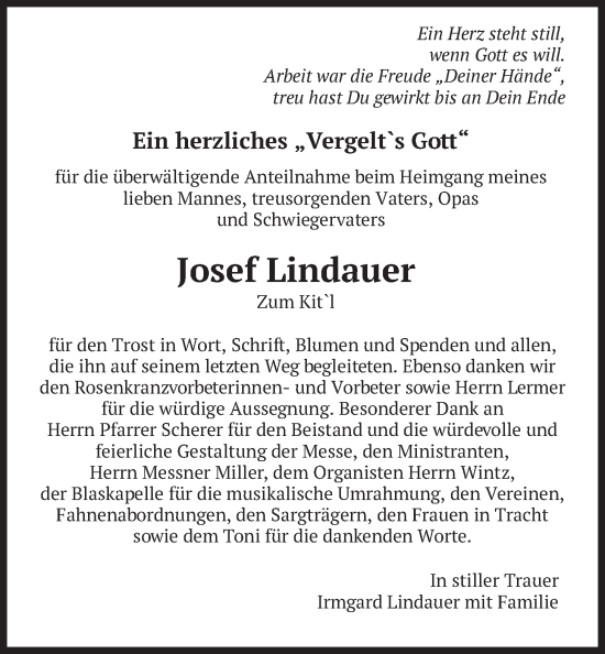 Traueranzeige von Josef Lindauer von merkurtz