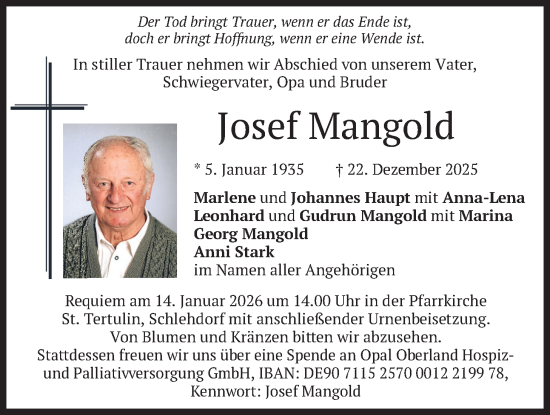 Traueranzeige von Josef Mangold von merkurtz