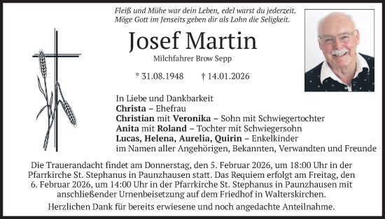 Traueranzeige von Josef Martin von merkurtz