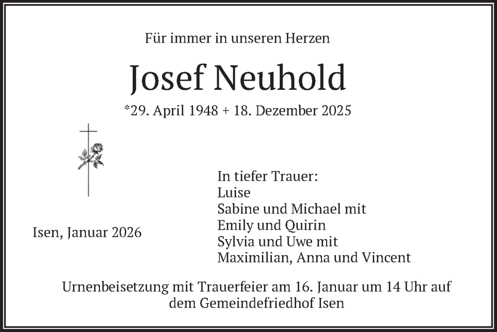  Traueranzeige für Josef Neuhold vom 15.01.2026 aus merkurtz