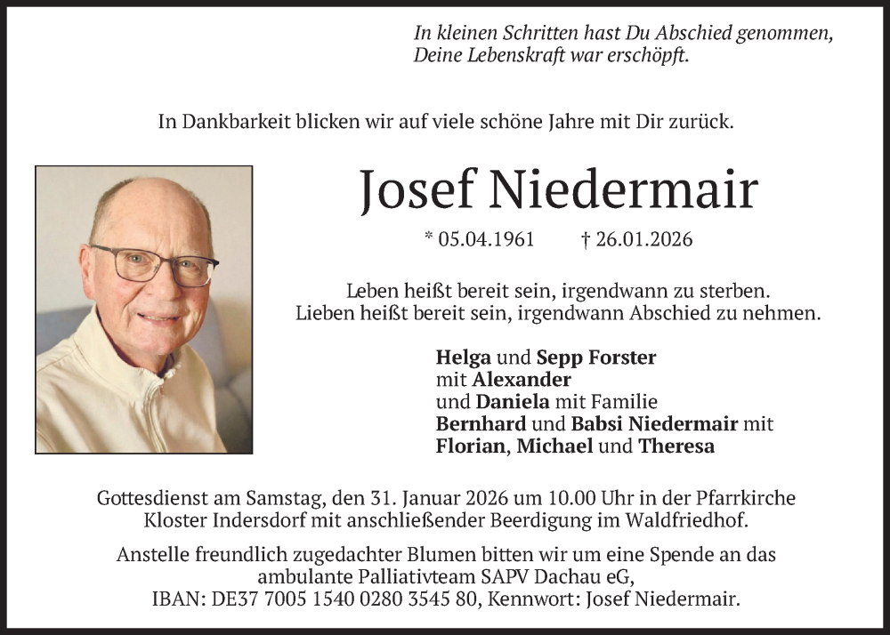  Traueranzeige für Josef Niedermair vom 28.01.2026 aus merkurtz