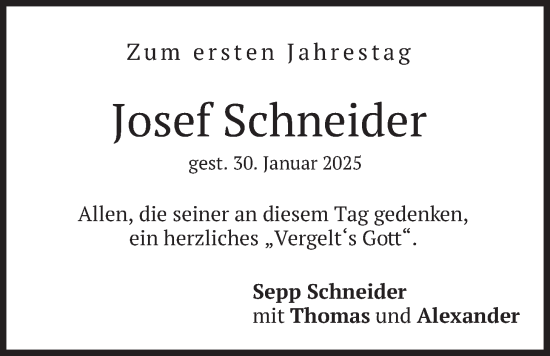 Traueranzeige von Josef Schneider von merkurtz
