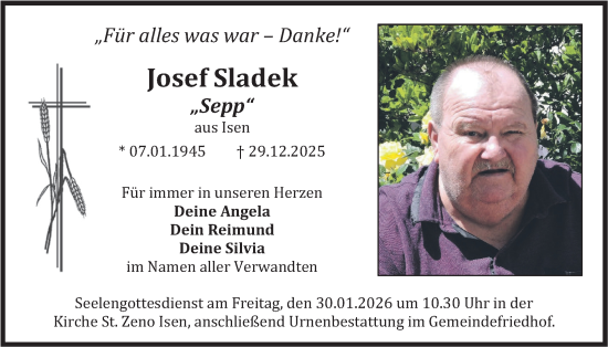 Traueranzeige von Josef Sladek von merkurtz