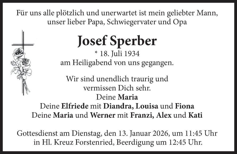  Traueranzeige für Josef Sperber vom 10.01.2026 aus merkurtz