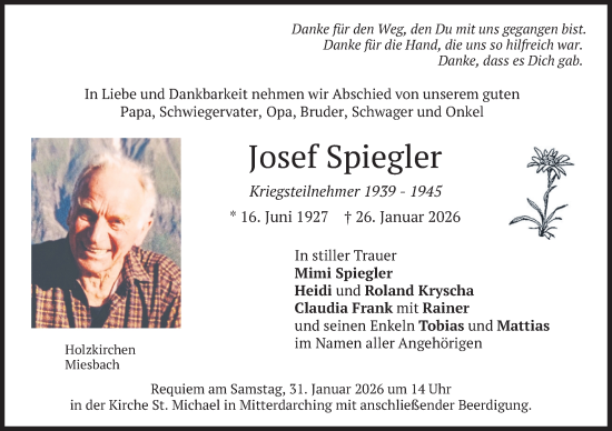 Traueranzeige von Josef Spiegler von merkurtz