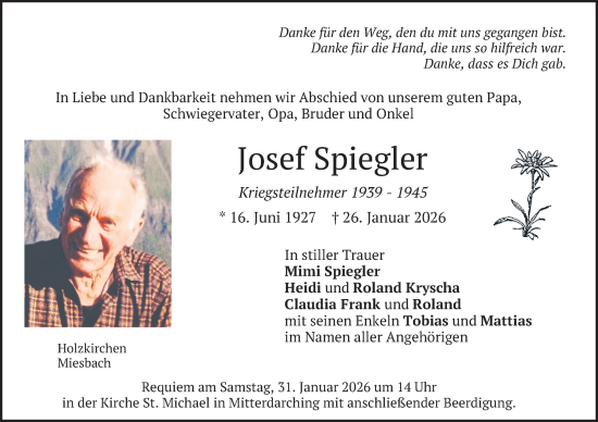 Traueranzeige von Josef Spiegler von merkurtz