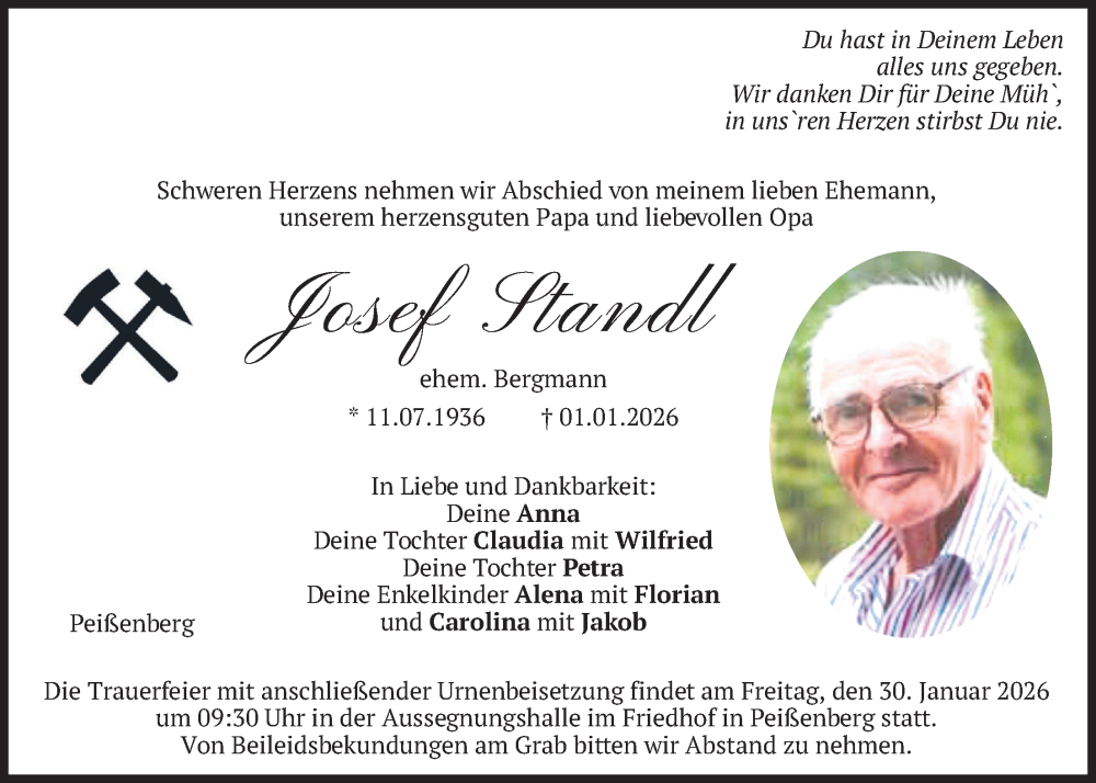 Traueranzeige für Josef Standl vom 24.01.2026 aus merkurtz