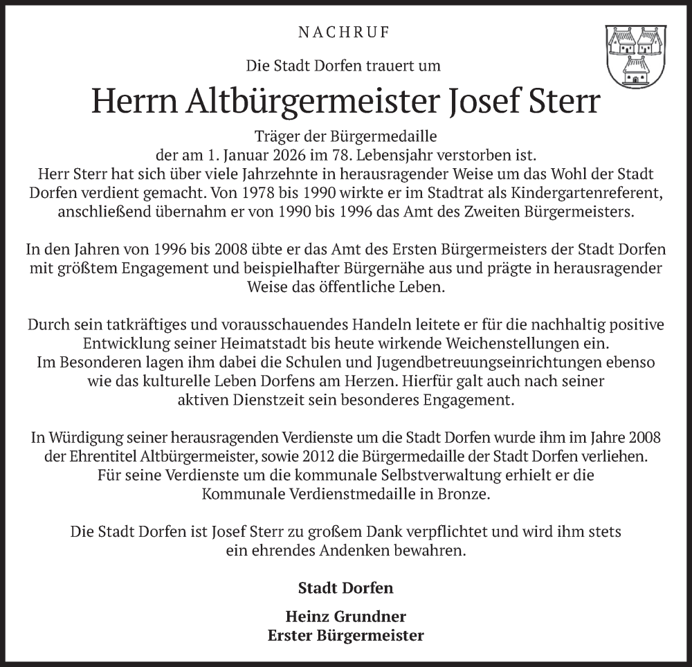  Traueranzeige für Josef Sterr vom 09.01.2026 aus merkurtz
