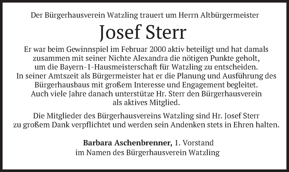  Traueranzeige für Josef Sterr vom 13.01.2026 aus merkurtz