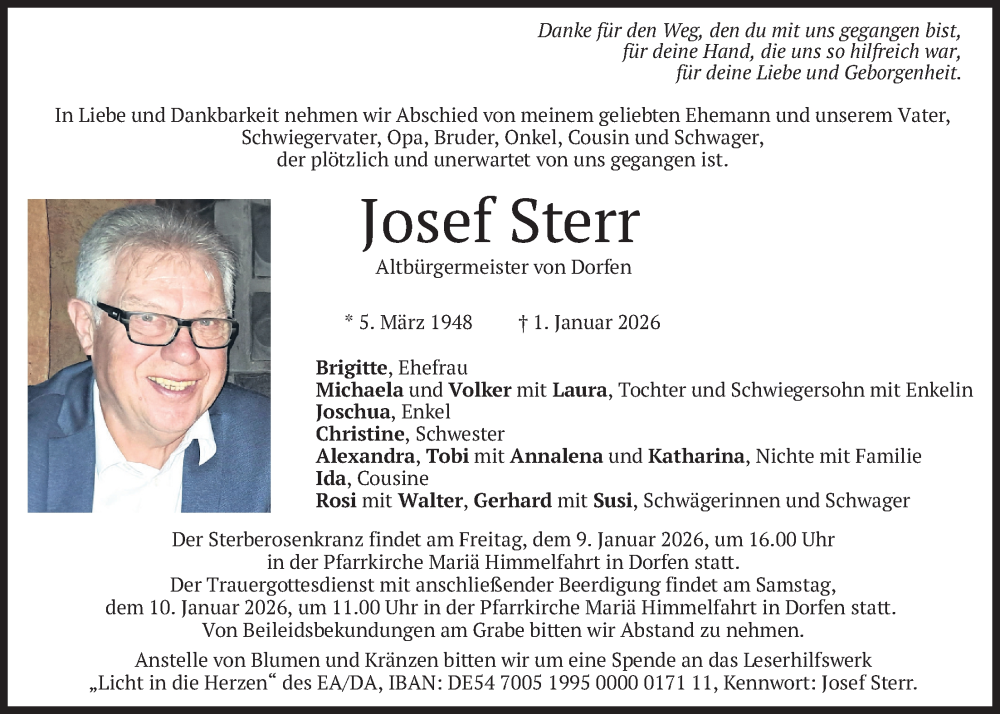  Traueranzeige für Josef Sterr vom 07.01.2026 aus merkurtz