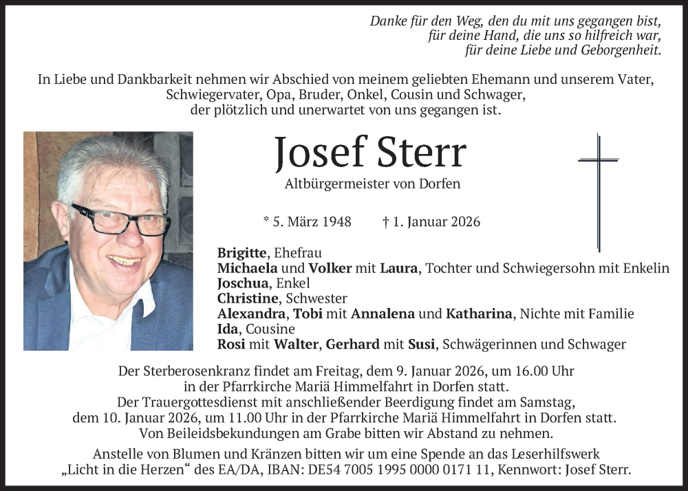  Traueranzeige für Josef Sterr vom 08.01.2026 aus merkurtz