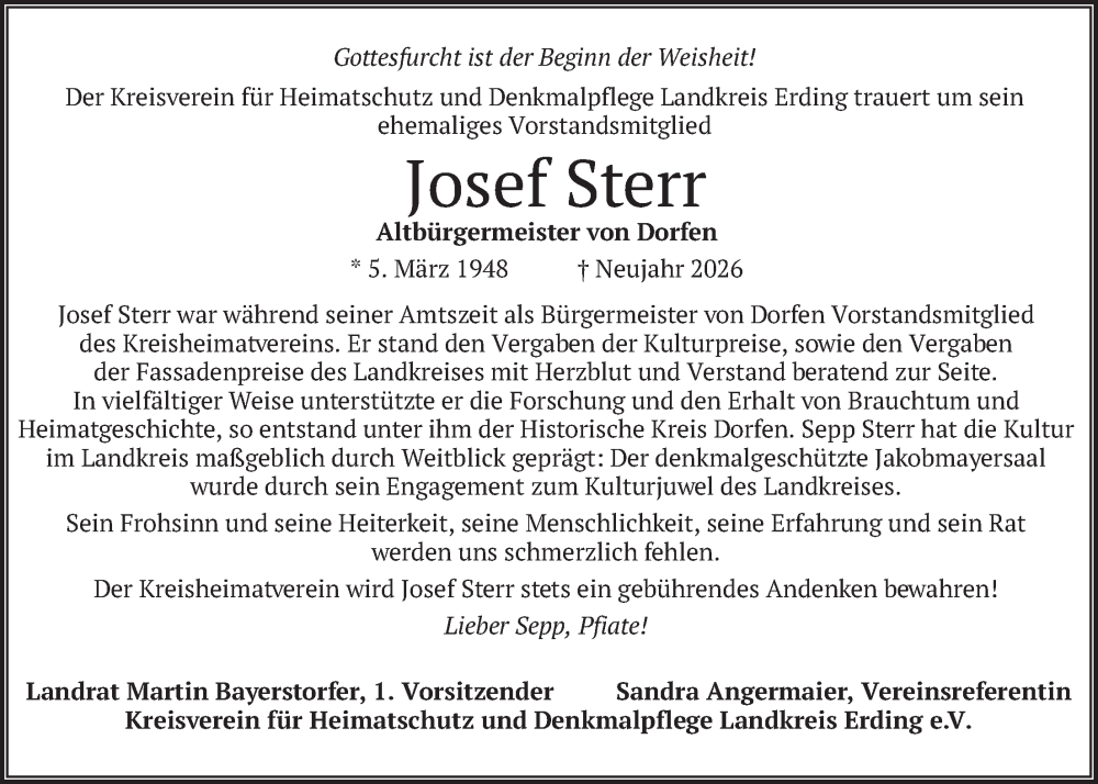  Traueranzeige für Josef Sterr vom 09.01.2026 aus merkurtz