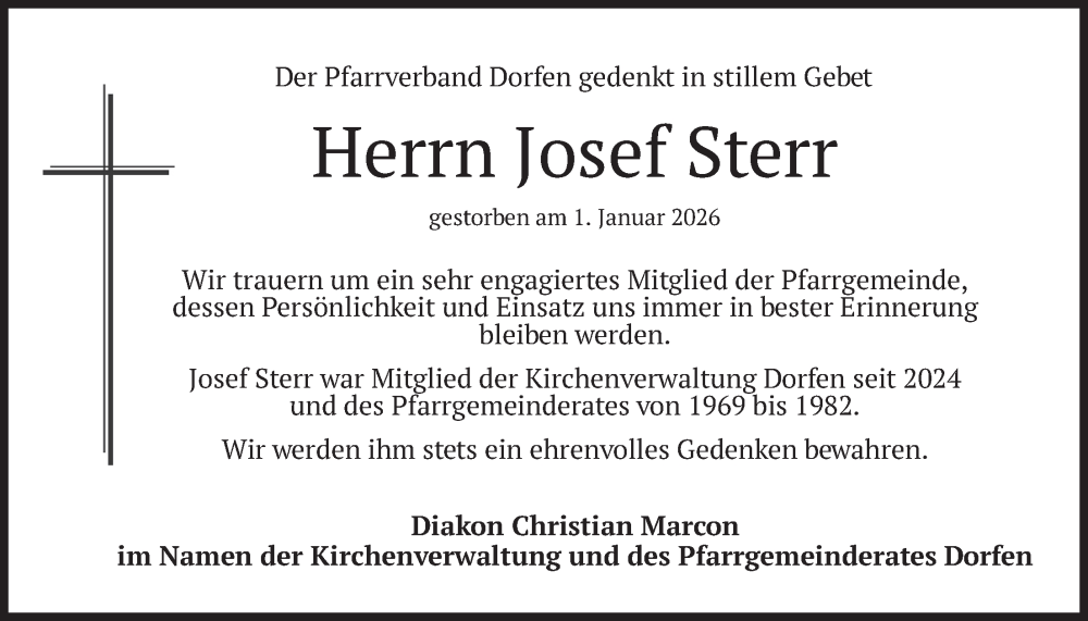  Traueranzeige für Josef Sterr vom 09.01.2026 aus merkurtz
