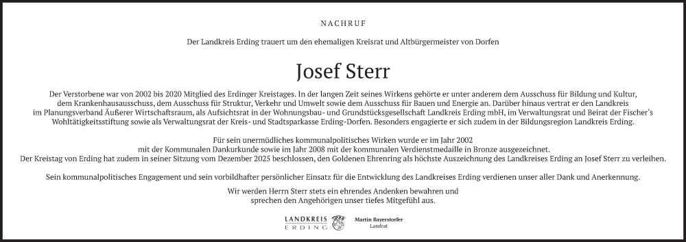  Traueranzeige für Josef Sterr vom 09.01.2026 aus merkurtz