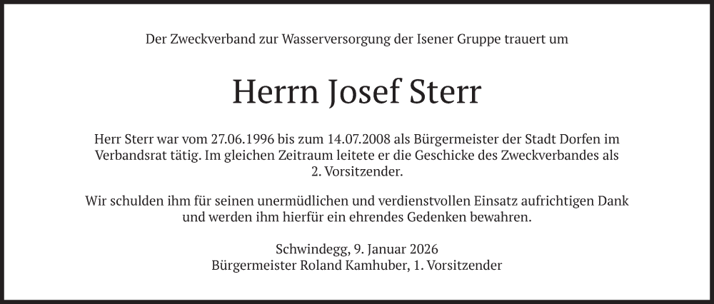  Traueranzeige für Josef Sterr vom 09.01.2026 aus merkurtz