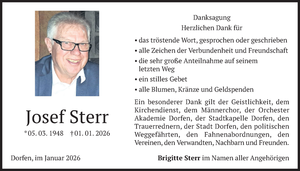  Traueranzeige für Josef Sterr vom 24.01.2026 aus merkurtz