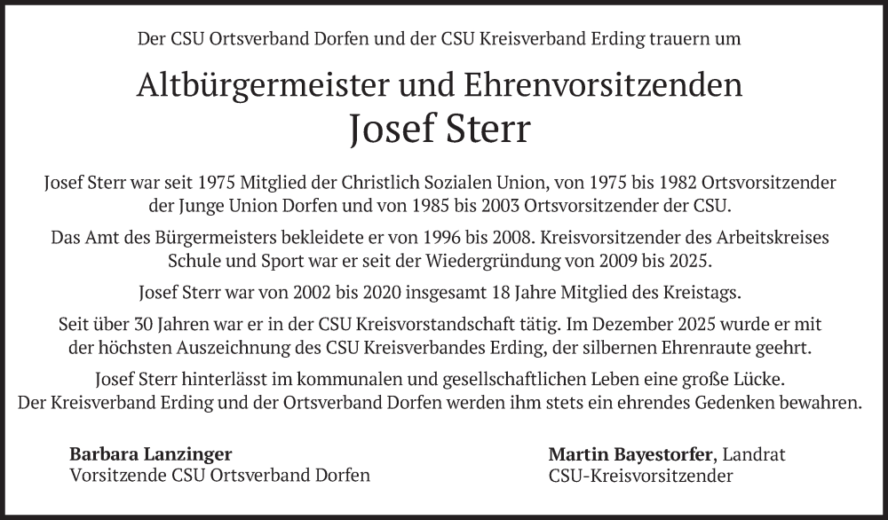  Traueranzeige für Josef Sterr vom 09.01.2026 aus merkurtz