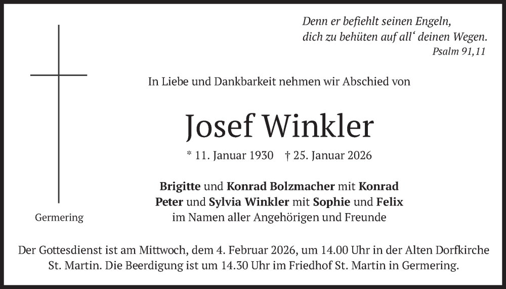  Traueranzeige für Josef Winkler vom 31.01.2026 aus merkurtz