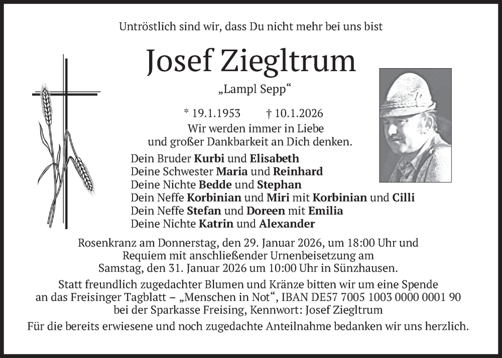  Traueranzeige für Josef Ziegltrum vom 24.01.2026 aus merkurtz