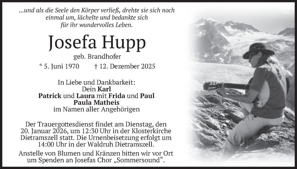  Traueranzeige für Josefa Hupp vom 03.01.2026 aus merkurtz