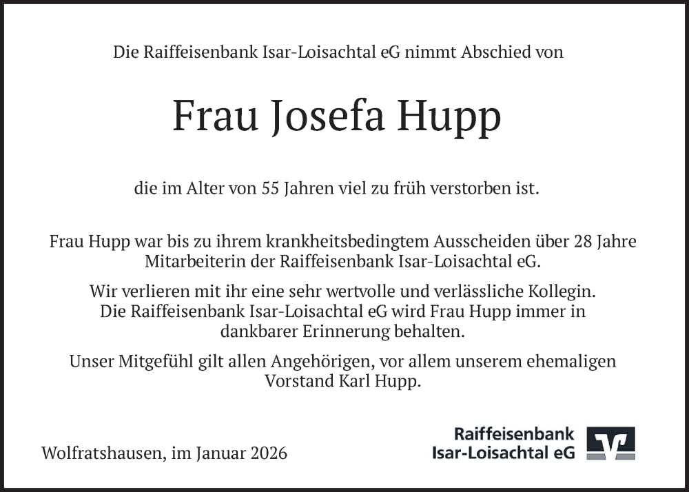  Traueranzeige für Josefa Hupp vom 03.01.2026 aus merkurtz