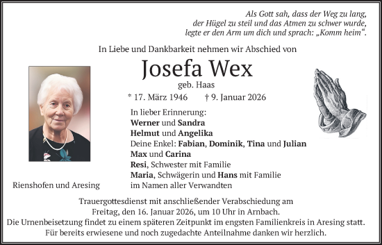 Traueranzeige von Josefa Wex von merkurtz
