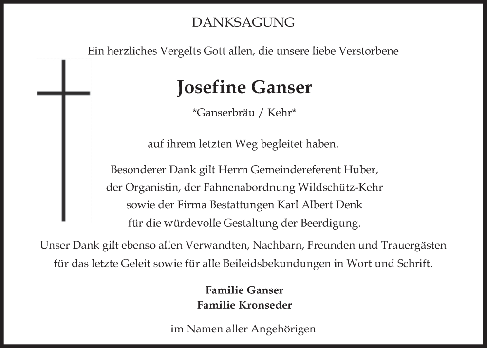  Traueranzeige für Josefine Ganser vom 03.01.2026 aus merkurtz