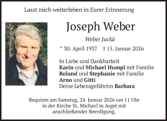 Traueranzeige von Joseph Weber von merkurtz