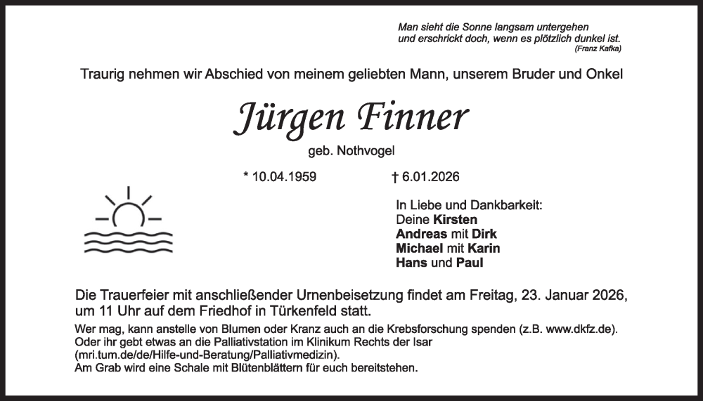  Traueranzeige für Jürgen Finner vom 17.01.2026 aus merkurtz
