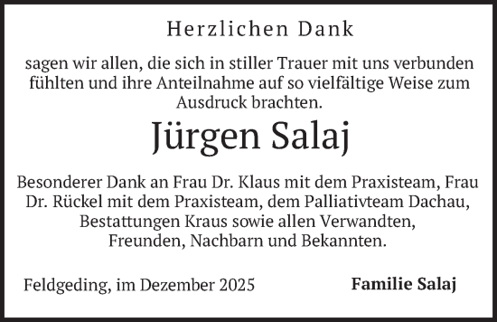 Traueranzeige von Jürgen Salaj von merkurtz