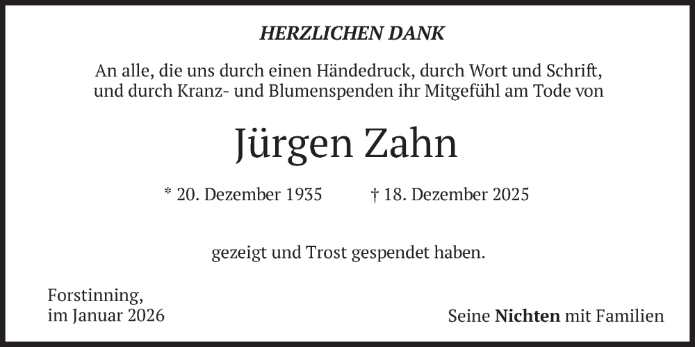  Traueranzeige für Jürgen Zahn vom 10.01.2026 aus merkurtz